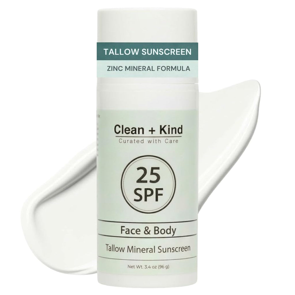 Clean + Kind Tallow Sunscreen bottle showing compact reef-safe protection for daily use