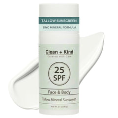 Clean + Kind Tallow Sunscreen bottle showing compact reef-safe protection for daily use