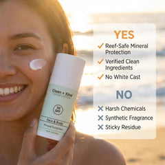 Reef-safe label on Clean + Kind Tallow Sunscreen highlighting eco-friendly protection.