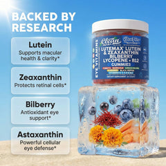 Clean Nutra bilberry gummies pack emphasizes berry-powered eye nutrition.