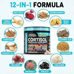 Clean Nutra Cortisol label close-up showing ashwagandha and maca for balance