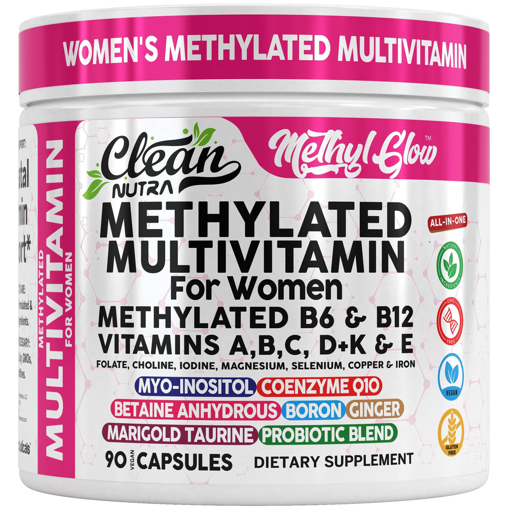 Clean Nutra methylated women multivitamin bottle highlighting comprehensive nutrient blend for daily vitality