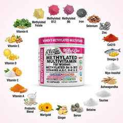 Label close-up on Clean Nutra methylated multivitamin bottle emphasizing women's formula