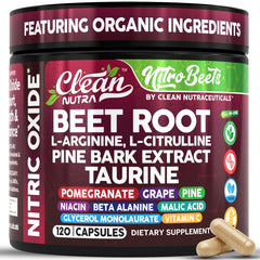 Clean Nutra Organic Beet Root Capsules bottle front for nitric oxide support.