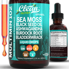 Clean Nutra Organic Sea Moss Drops bottle highlighting immune support and daily vitality.