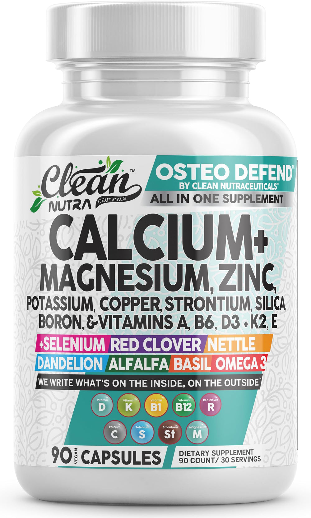 Clean Nutraceuticals Osteo Defend bottle on display highlighting all-in-one mineral blend for bone support.
