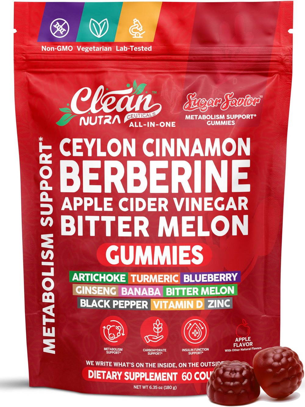 Clean Nutra Sugar Savior apple cider vinegar gummies for easy daily digestion support.