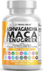 Clean Nutraceuticals ashwagandha‑maca‑fenugreek bottle shows a holistic wellness blend focused on daily balance
