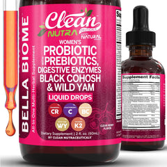 Clean Nutraceuticals Bella Biotics bottle closeup for daily gut support.