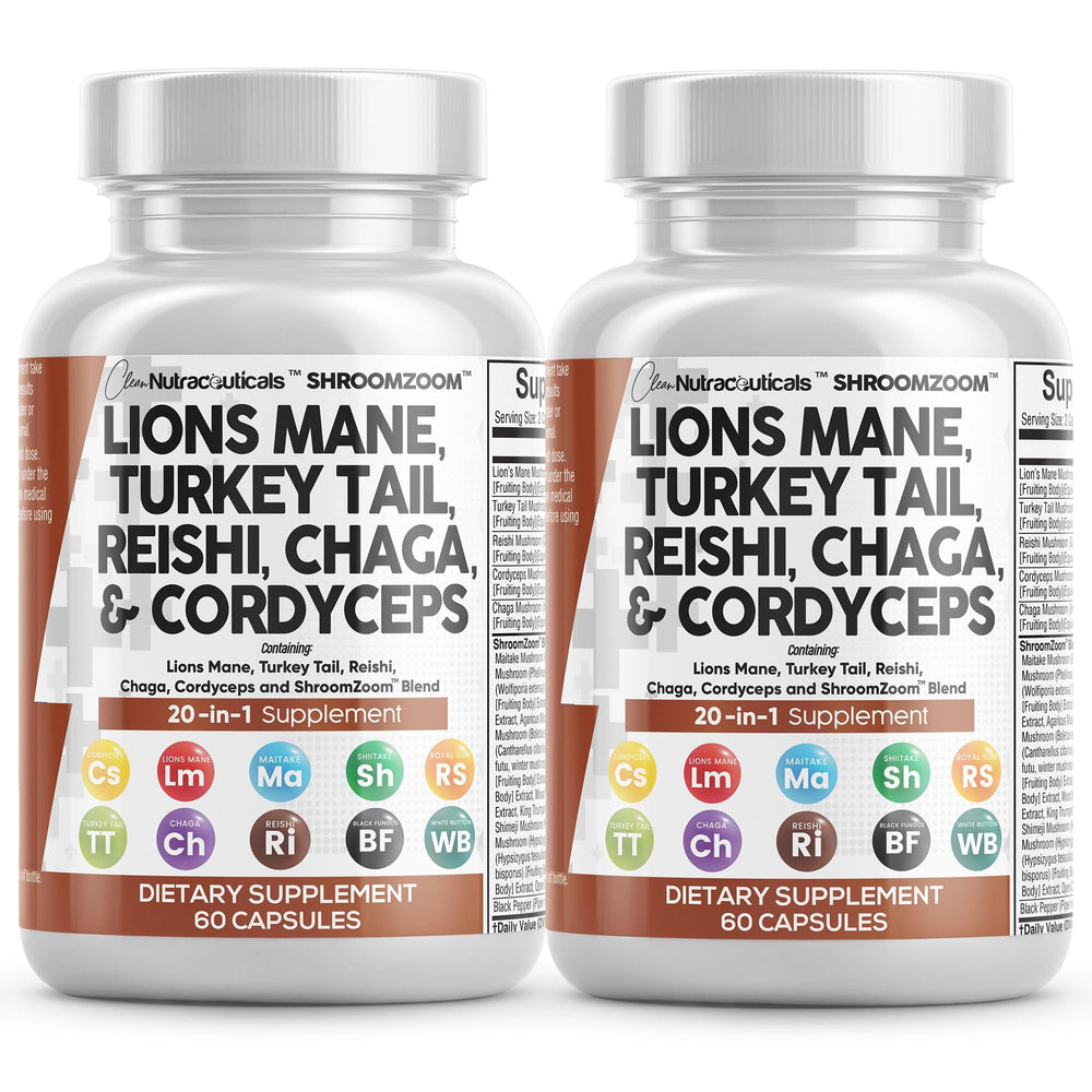Clean Nutraceuticals Lions Mane 20in1 bottle front for daily focus and vitality.