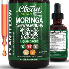 Clean Nutraceuticals Moringa Drops bottle on shelf for daily vitality.