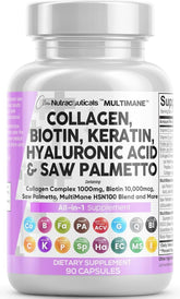 Clean Nutraceuticals MultiMane collagen pills bottle on display, highlighting a 90-count supply for comprehensive care.