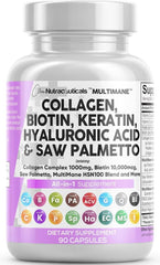 Clean Nutraceuticals MultiMane collagen pills bottle on display, highlighting a 90-count supply for comprehensive care.