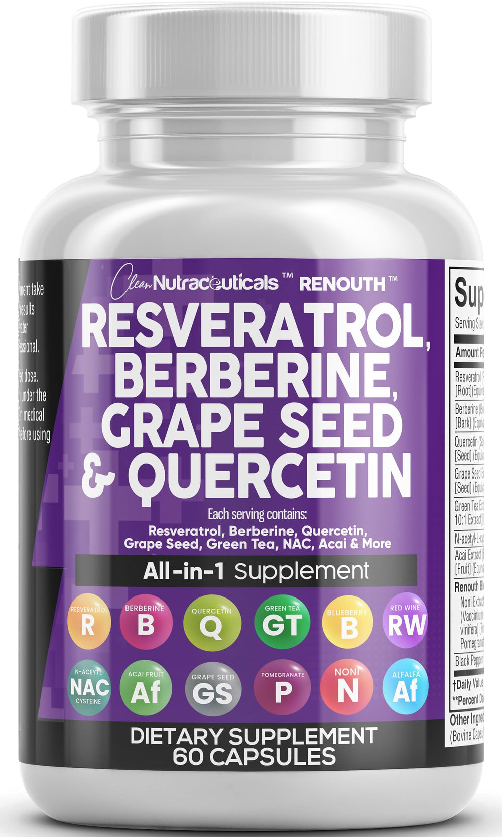 Clean Nutraceuticals Renouth bottle featuring polyphenol blend for daily wellness