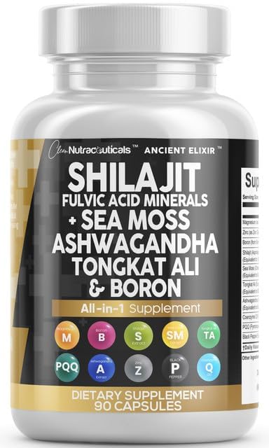Clean Nutraceuticals Shilajit sea moss capsules bottle for daily energy support and balance.