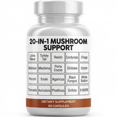 Label detail emphasizes the 20-in-1 mushroom blend