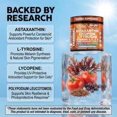 Close-up of Solar Skin capsules showing astaxanthin and lycopene