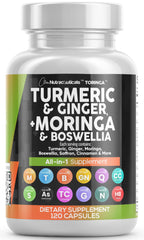 Clean Nutraceuticals turmeric-moringa bottle closeup showing all-in-one wellness blend.