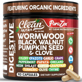 Clean Nutraceuticals wormwood bottle label highlights potent digestive blend.