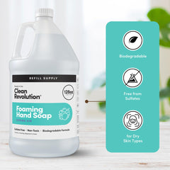 Clean Revolution Foaming Hand Soap Refill Spring Air dispenser-ready label confirms compatibility.