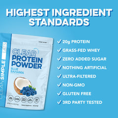 Clean Simple Eats Clear Protein Blue Bahama ingredients, gluten-free clean nutrition