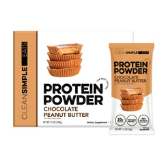 Clean Simple Eats packaging showing chocolate peanut butter flavor for a post-workout shake.