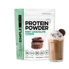 Clean Simple Eats Mint Chocolate Cookie whey protein tub showing 30 servings for daily protein