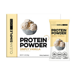 Clean Simple Eats Whey Protein Powder Simply Vanilla stick-pack close-up for a creamy, quick protein boost