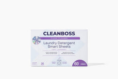 CleanBoss sheets packaging shows a mess-free laundry solution for busy homes.