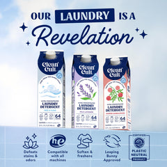 Pouring Cleancult detergent demonstrates precise half-ounce dosing for 64 loads.
