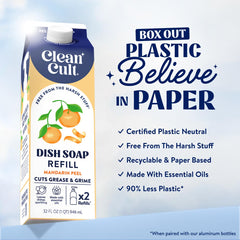 Cleancult dish soap close-up of label highlighting natural ingredients and eco-friendly packaging.