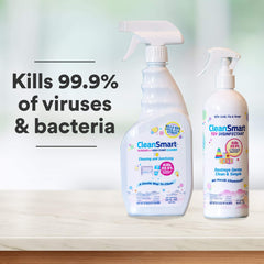 CleanSmart Toy Disinfectant Spray used on a stroller to sanitize surfaces between outings