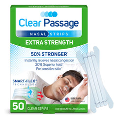 Clear Passage nasal strip applied to the nose for instant airflow improvement.