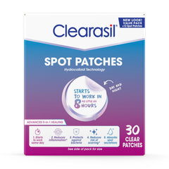 Clearasil Day Night Spot Patches packaging close-up showing easy, protective acne care.