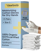 Clearbody Organics sleeping gloves for overnight moisture retention on dry hands.