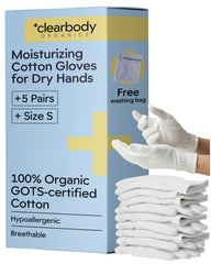 Clearbody Organics sleeping gloves for overnight moisture retention on dry hands.