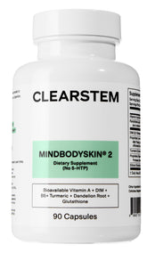 CLEARSTEM MindBodySkin capsules closeup showing daily skin support and hormonal balance.