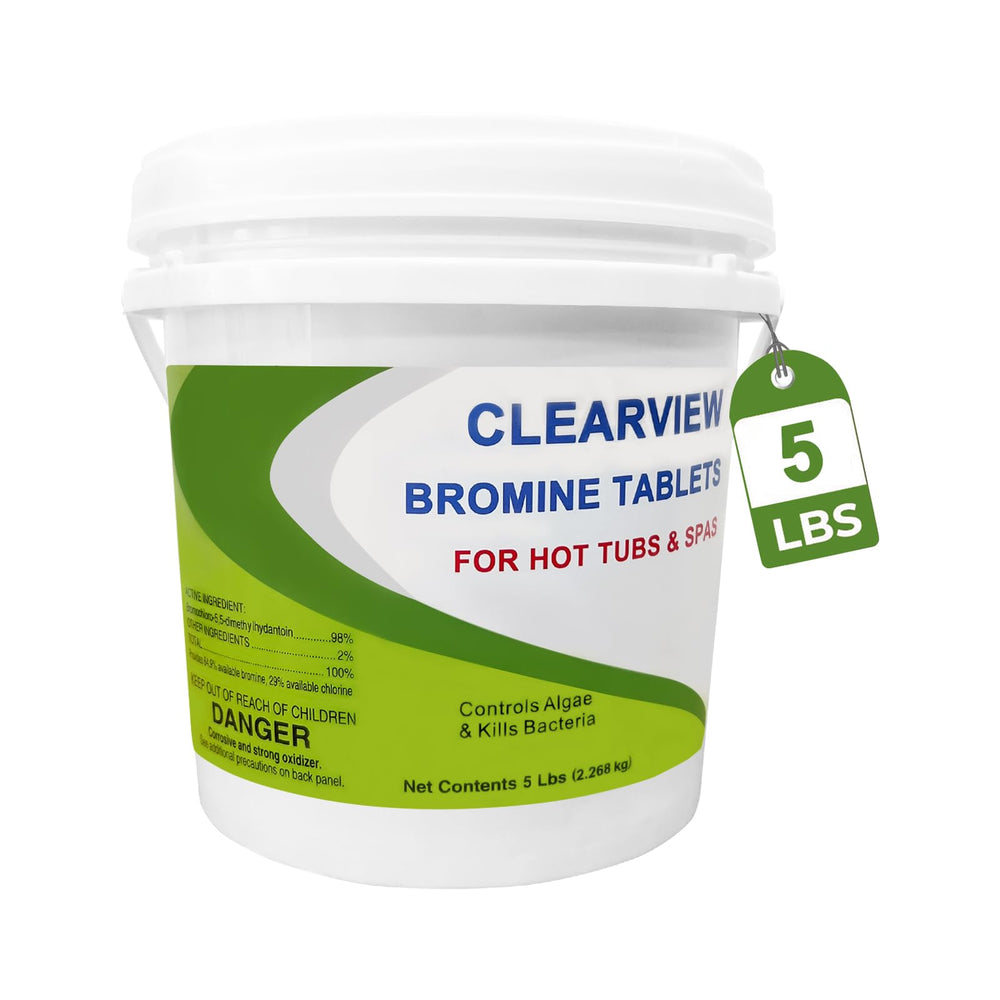 CLEARVIEW bromine tablets 5lb pack front view for spa sanitization