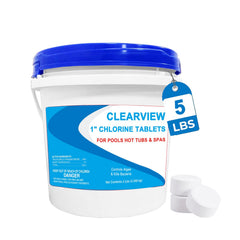 ClearView stabilized chlorine tablets 1-inch package for pool sanitation and algae control.