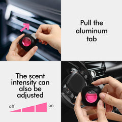 Vent clip inserted into car vent releasing Peach Berry aroma.