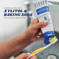 Clear label showing xylitol as a key ingredient in Cleure toothpaste