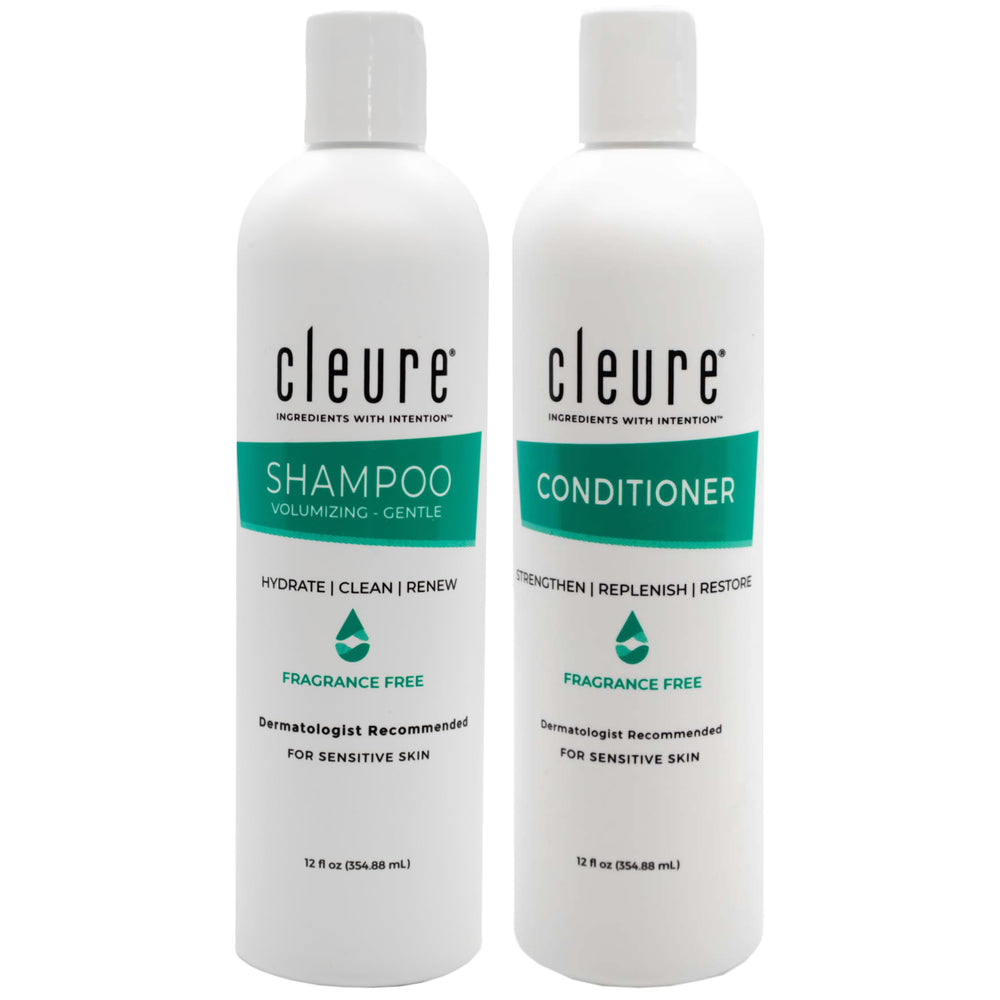 Cleure shampoo bottle pour with fragrance-free formula for sensitive skin.