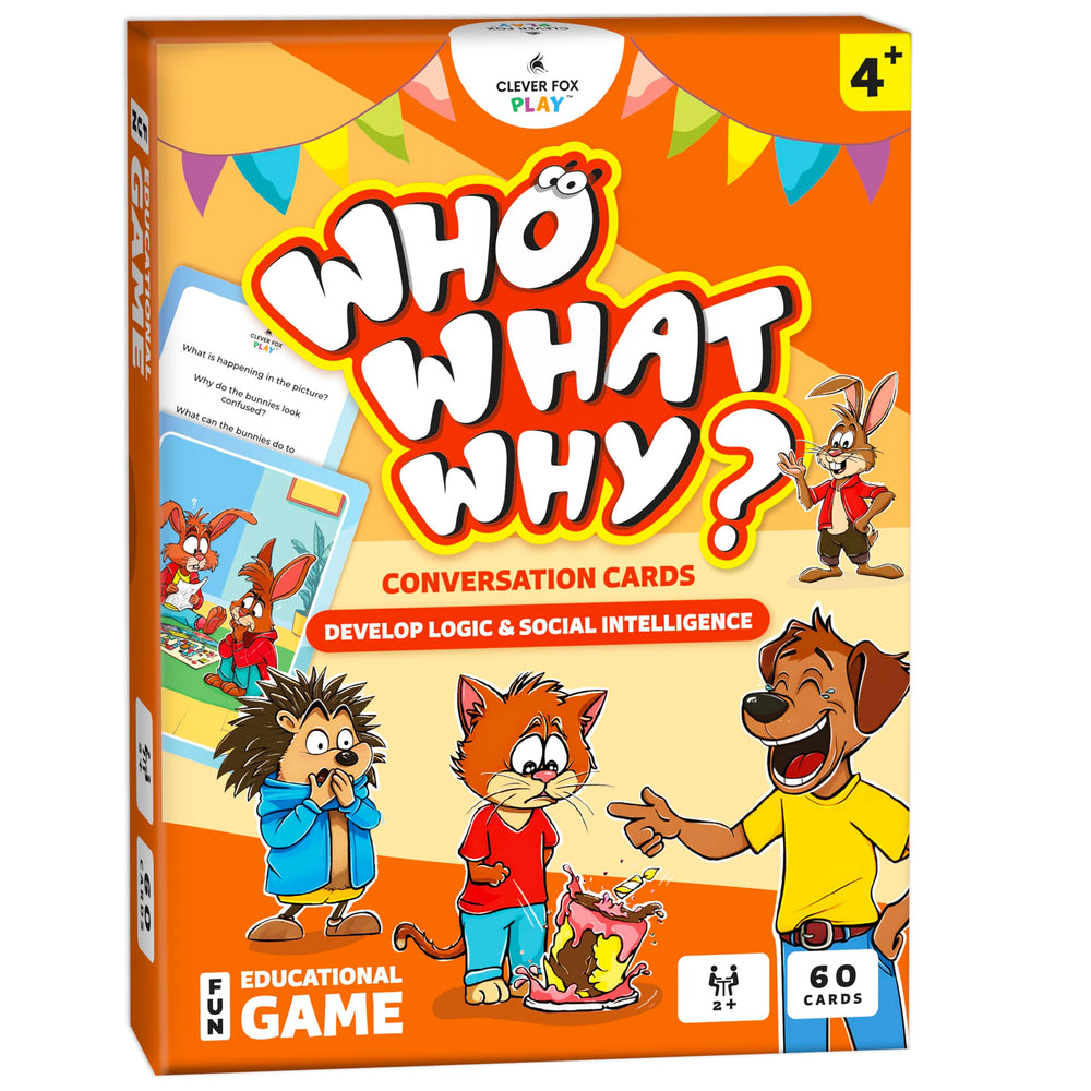 Clever Fox Play Who What Why cards show a home scene to boost social communication.