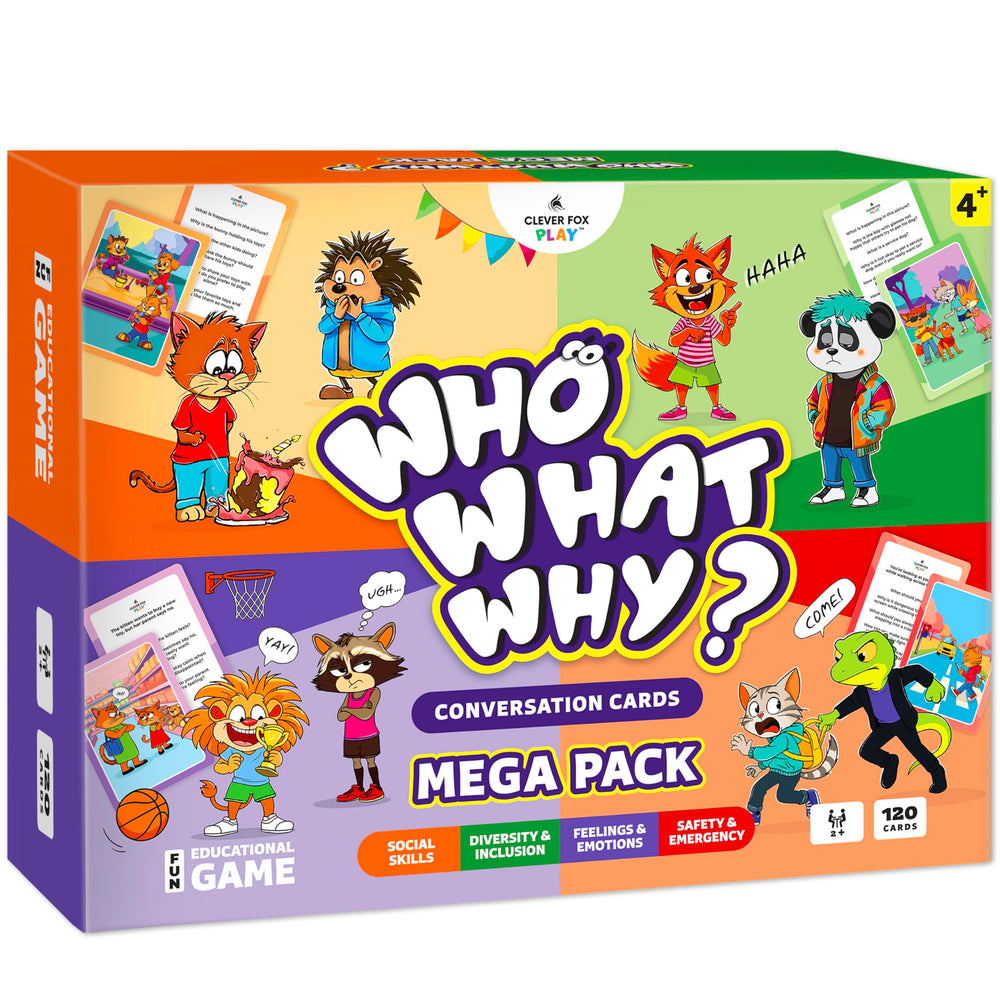 Clever Fox Play Who What Why Mega Pack cover with 120 cards for therapy and learning