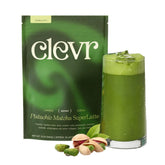 Clevr Pistachio Matcha SuperLatte packaging shows ceremonial-grade blend for steady daily energy.