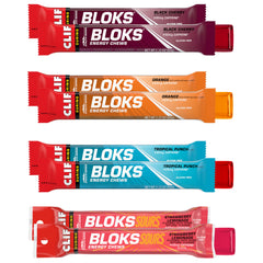 Clif Bloks energy chews close-up with caffeine cubes for quick energy during runs