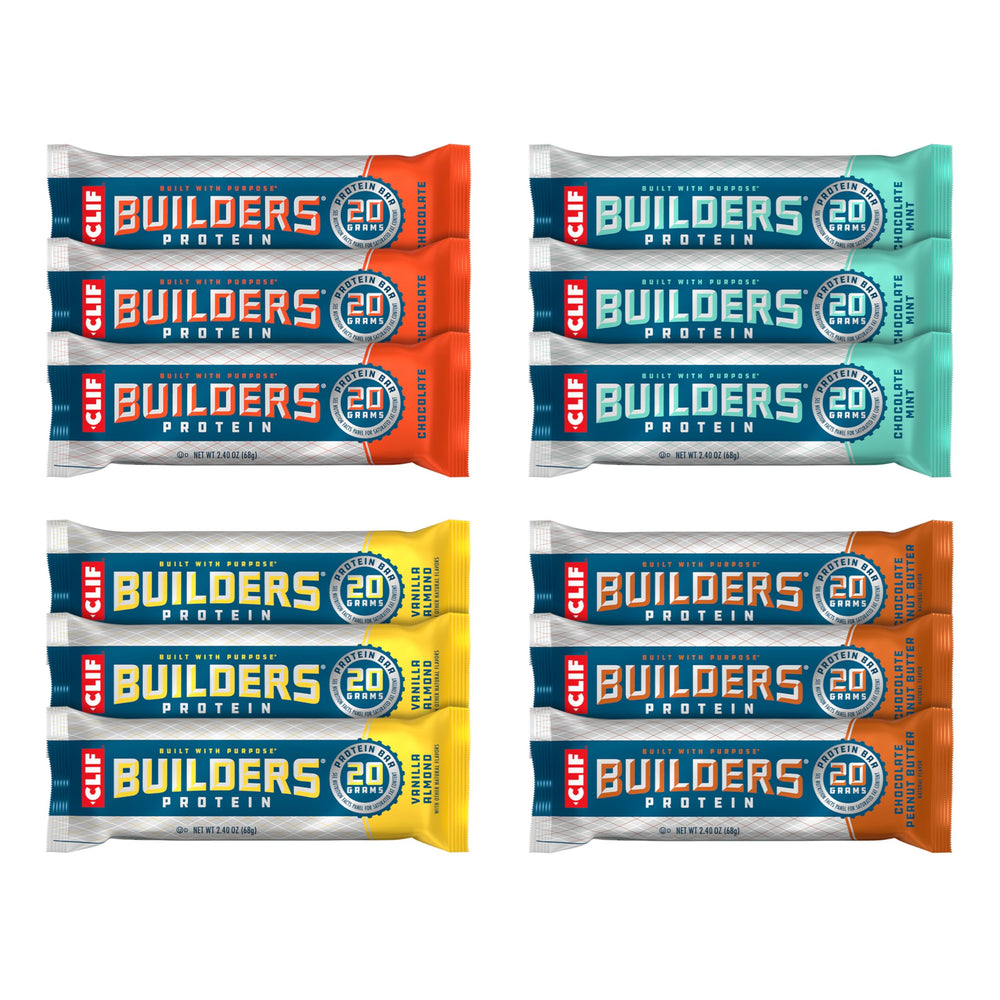 CLIF BUILDERS Variety Pack with twelve bars, ideal for gym days.