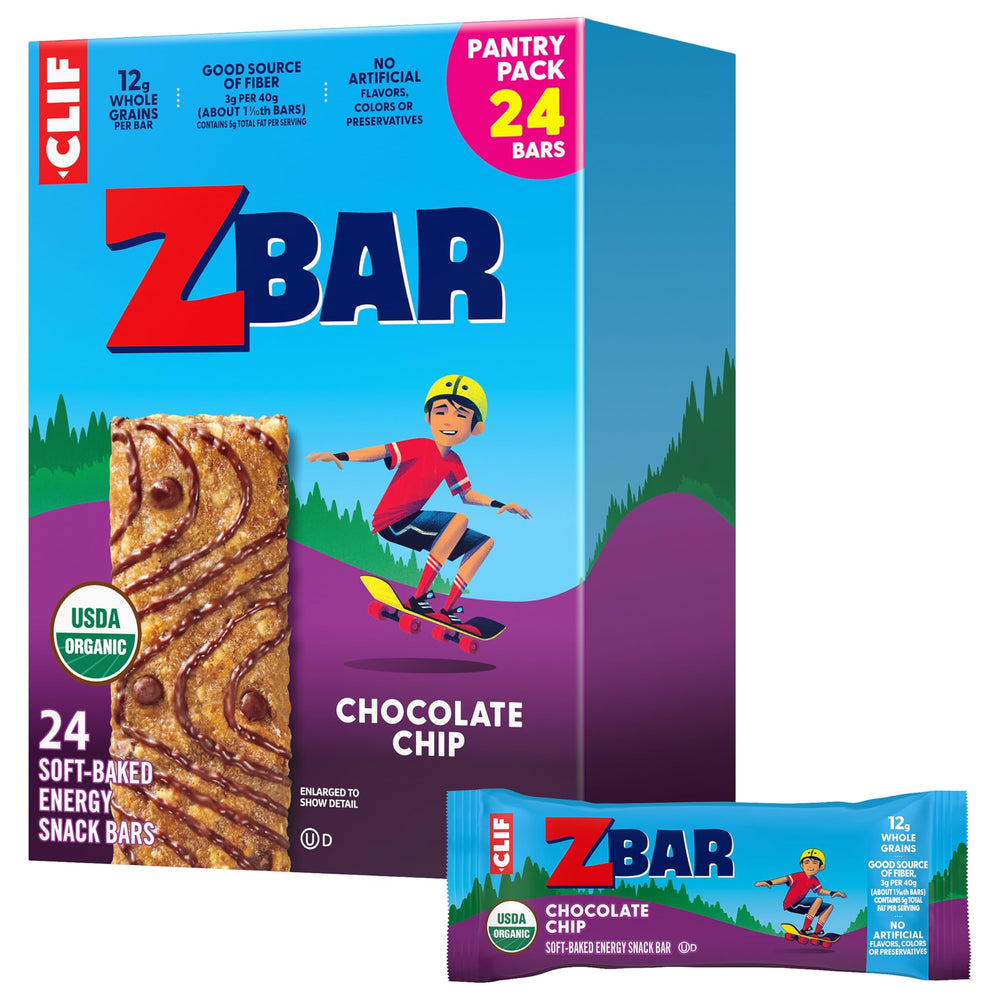 Clif Kid ZBar Chocolate Chip box shows 24-pack for easy lunchbox snacking.