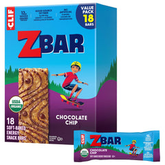 Clif Kid ZBar Chocolate Chip soft-baked bar packaging showcasing convenient, lunchbox-friendly snacks.