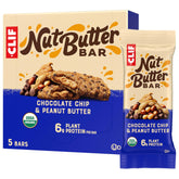 CLIF Nut Butter Bar closeup reveals creamy peanut butter and chocolate chips for a satisfying snack.